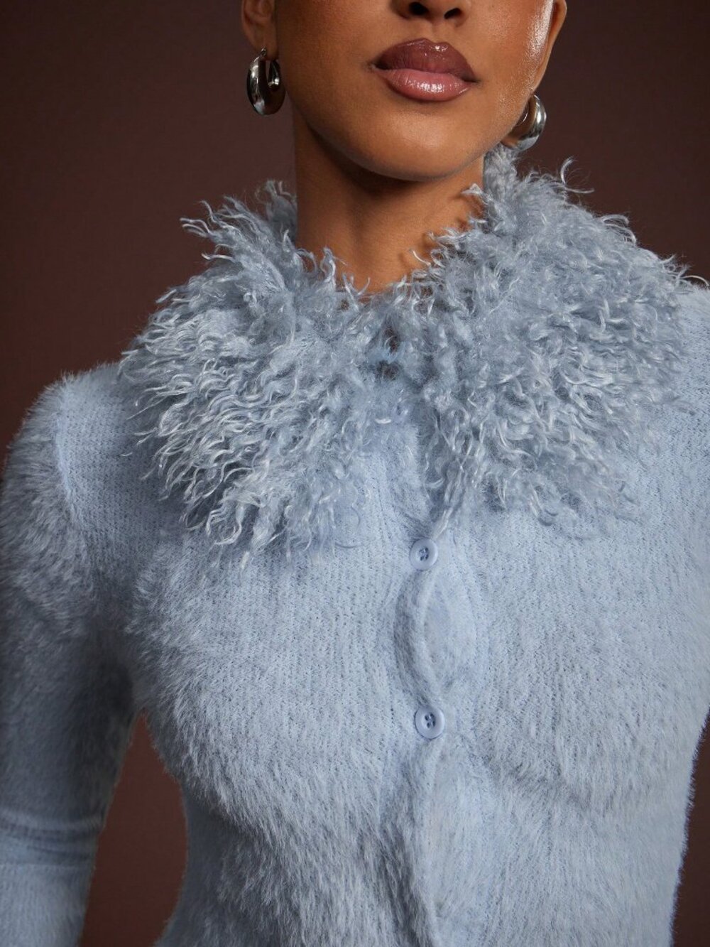 Blue Casual Women's Fitted With faux Fur Collar Knitted Cardigan - Picture 4 of 6